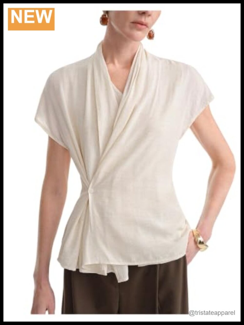 Wrap Linen Button Up Shirt for Women Business Casual Cap Sleeve V Neck Blouse
